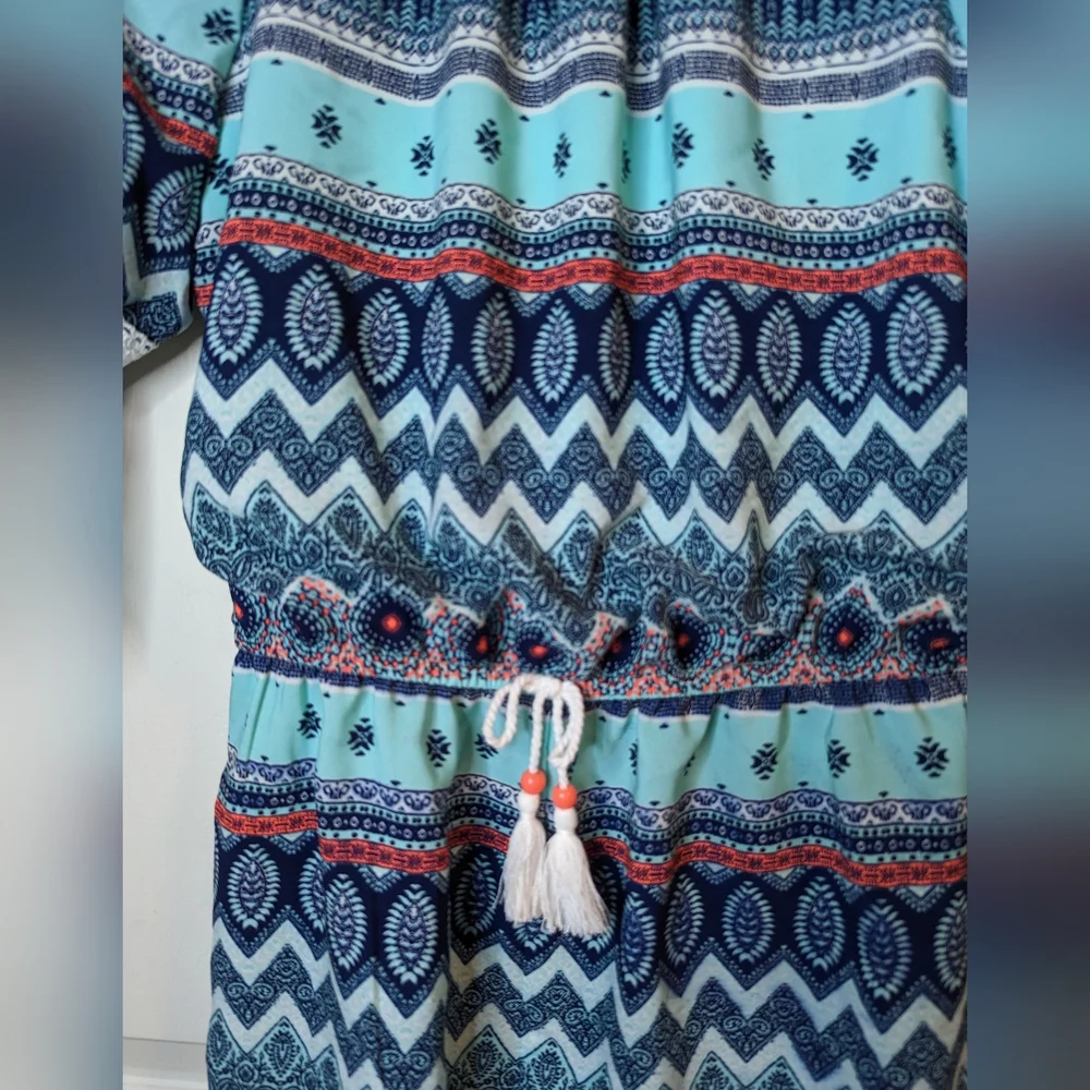 My Michelle girls blue multicolor romper open shoulders size large NWT